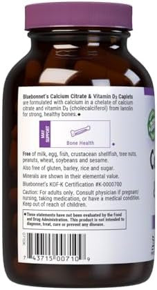 Bluebonnet Nutrition Calcium Citrate & Vitamin D3 Bone Health Nongmo Kosher Parve Gluten Soy 90 Caplets 22.5 Servings