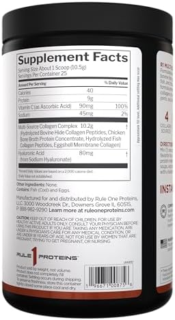 Rule 1 Proteins Multisource Collagen Powder Bovine Chicken Fish & Eggshell Collagen Sources + Hyaluronic Acid & Vitamin C For Hair Skin & Nail Support (25 Servings Unflavored)