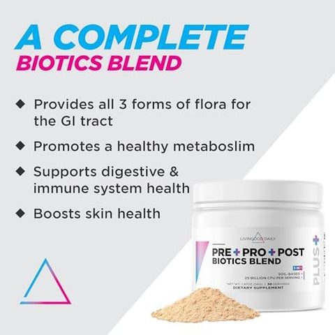 Livingood Daily Pre Pro Post Biotics Blend Powder Digestive Health Supplement With Prebiotics From Organic Blue Agave Inulin Sbo Probiotics Probiotics For Women & Men Non Gmo Vegan 30 Servings