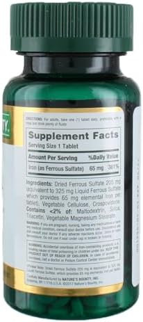 Nature'S Bounty Iron 65Mg, 325 Mg Ferrous Sulfate, Cellular Energy Support, Promotes Normal Red Blood Cell Production, 100 Tablets