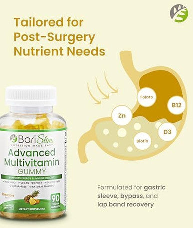 Barislim Advanced Bariatric Multivitamin Gummies - Specially Formulated Bariatric Vitamins For Patients After Weight Loss Surgery - Supports Energy & Immune Health Pineapple (90 Vegan Gummies)