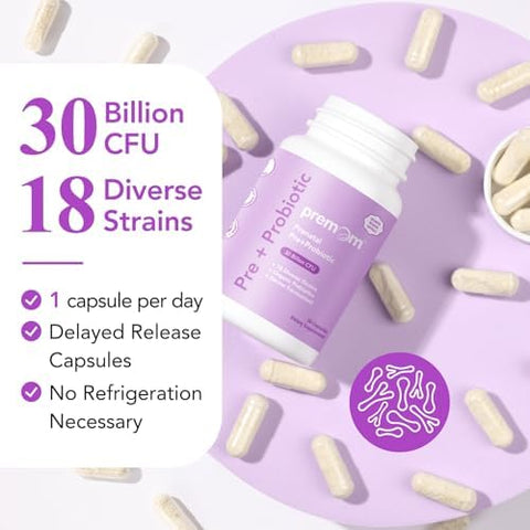 Premom Prenatal Pre & Probiotics For Women: 18 Diverse Organic Prebiotics Strains Supports Digestive 30 Billion Cfu Gut & Immune Health For Mom And Baby Daily Capsules