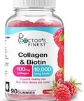 Doctors Finest Collagen And Biotin 10000Mcg Gummies, Vegan, Gmo-, Gluten , Natural Raspberry Flavor Gummy Vitamins, For Hair Growth, Hair Skin And Nails Dietary Supplement, 90 Gummies