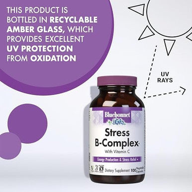 Bluebonnet Nutrition Stress Relief B Complex Vegetable Capsules, Vitamin B6, B12, Biotin, Folate, Vegan, Gluten & Soy & Milk Free, Kosher, Unflavored, 100 Count