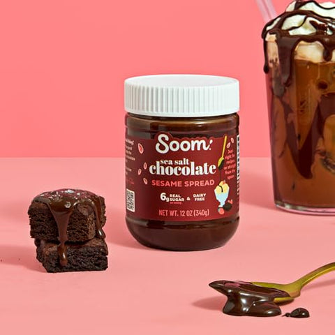 Soom Foods Chocolate Sea Salt Sesame Spread 12oz (2 Pack) Made with 4 Ingredients Low Sugar DairyFree NutFree GlutenFree Palm OilFree 5g Protein Better for You Chocolate Tahini Spread