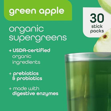 Zena Nutrition Organic Super Greens Powder 70+ Superfoods 0 Sugar 3g Fiber Spirulina Chlorella Mushrooms Prebiotics/Probiotics Digestive Enzymes Gut Health Green Apple 30 Drink Mix Packets