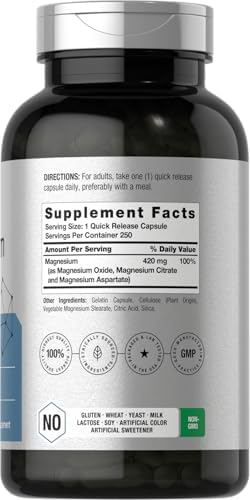 Horbaach Triple Magnesium Complex 420 mg 250 Capsules NonGMO and Gluten Free Formula Magnesium Oxide Citrate and Aspartate Dietary Supplement