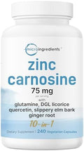 Zinc Carnosine 75Mg 240 Veggie Capsules 10In1 Zinc Supplements For Men and Women With Glutamine Dgl Licorice Quercetin Slippery Elm Bark and Ginger Root NonGmo Gluten