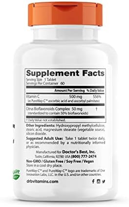 Doctors Best High Absorption Vitamin C With Purewayc Sustained Release For All Day Immune Support Nongmo Gluten Soy Vegan 60 Tablets
