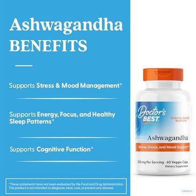 Doctor'S Best Ashwagandha With Sensoril Ayurvedic Herb Standardized Withania Somnifera Extract Clinically Proven To Support Mental Focus Cardiovascular Health & Healthy Energy 125Mg 60 Count