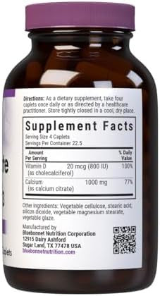 Bluebonnet Nutrition Calcium Citrate & Vitamin D3 Bone Health Nongmo Kosher Parve Gluten Soy 90 Caplets 22.5 Servings