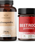 Herbamama Ashwagandha And Beet Root Kit - Bundle Of 1500 Mg Ashwagandha Root Capsules & 1500 Mg Beet Root Gummies - Vegan Non-Gmo Gelatin- - 2 Pack