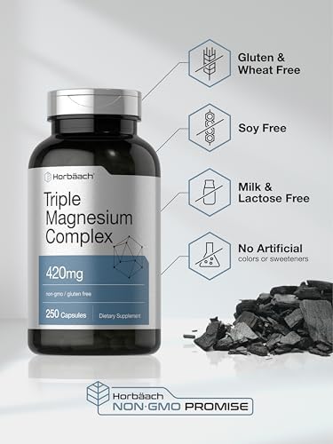 Horbaach Triple Magnesium Complex 420 mg 250 Capsules NonGMO and Gluten Free Formula Magnesium Oxide Citrate and Aspartate Dietary Supplement