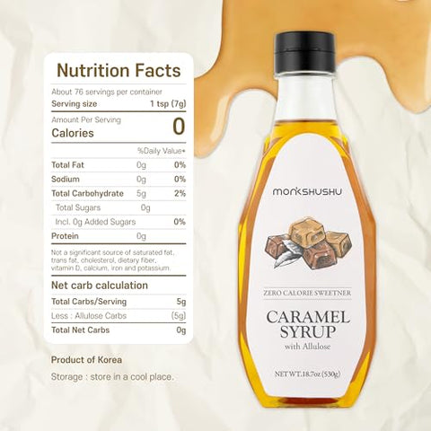 MONKSHUSHU Caramel Allulose Syrup 18.7 Fl Oz for coffee, drinks - Keto Diet, Vegan friendly, Diabetes-Safe - Zero Calorie, Liquid type Sugar Substitute - Monk Fruit - Gluten Free, 0g Net Carbs, Non-GMO