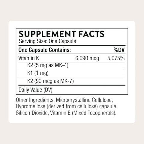 Thorne - Vitamin K - Vitamins K1 And K2 (As Mk-4 And Mk-7) Capsule Supplement - Supports Strong Bones - Clinically Studied Ingredients - Third-Party Certified - Gluten Dairy & Soy-Free 60 Capsules