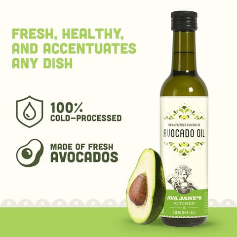 AVA JANE'S KITCHEN - Extra Virgin Avocado Oil - 100% Cold Pressed, Natural, & Unrefined - 480Ã‚Â°F High Smoke Point, Rich in Potassium & Vitamins - Creamy & Buttery Taste - 2 Bottle Pack, 8.4 fl oz each