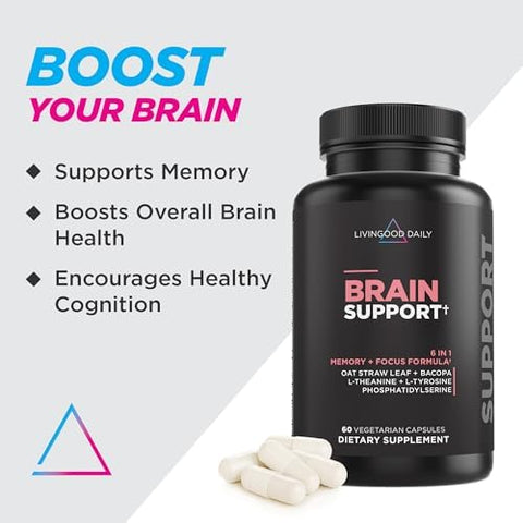 Livingood Daily Brain Supplements For Memory & Focus Nootropic Pills With Bacopa L Theanine L Tyrosine Amino Acids & More Cognitive Support For Men & Women Vegan Gluten 60 Capsules