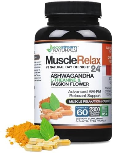Ecostream Naturals Relaxant Muscle Relax 24/7 Large 2300 Milligram Day/Night Use Capsules Maximum Strength Support With Valerian Passion Flower Magnesium