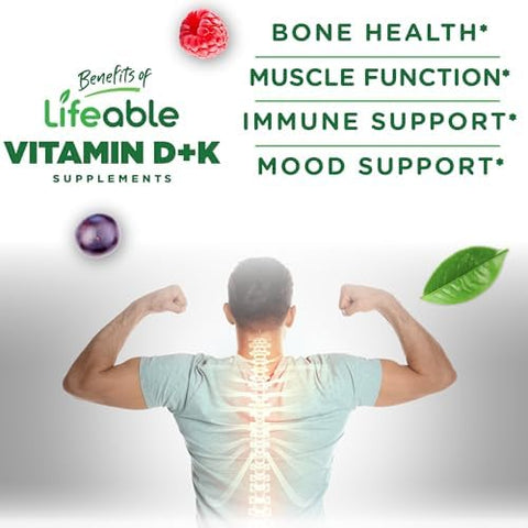 Lifeable Vitamin D3 K2 Gummies for Adults 1000iu D3 and K2 100mcg Great Tasting D3 and K2 Supplements for Bone Health and Immunity VIT D3 K2 for Adults Men and Women 60 Gummies