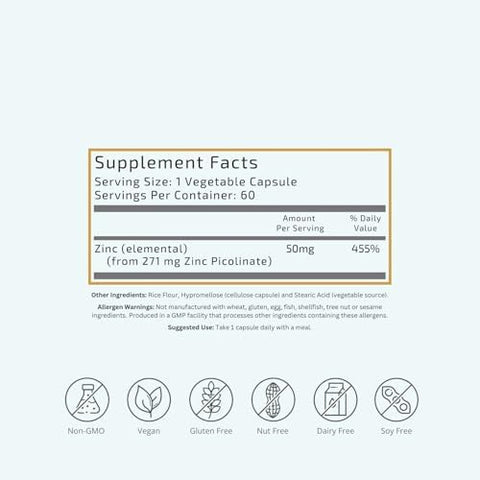 VTC VitaTradingCo. Zinc Picolinate 50mg Elemental Zinc Highly Absorbable Immune and Antioxidant Support for Skin Health and Cellular Function 60 Veggie Capsules