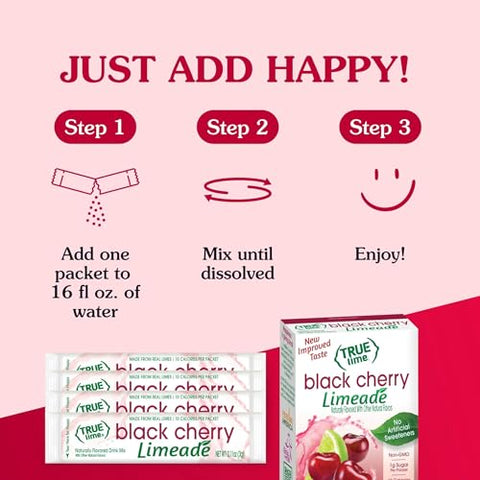 True Citrus TRUE LIME Black Cherry Limeade Drink Mix (10 Packets) No Artificial Sweeteners Low Calorie Water Flavor Packets & Water Enhancer with Stevia