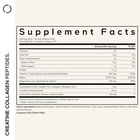Codeage Creatine Collagen Peptides - Creatine Monohydrate Powder Supplement Wild-Caught Marine Collagen Biotin Magnesium Vitamin C Hyaluronic Acid - Vanilla Flavored - Non-Gmo 15 Oz