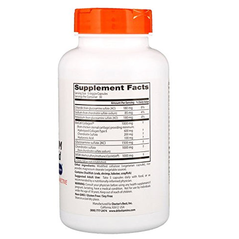 Doctor'S Best Glucosamine Chondroitin Msm Hyaluronic Acid With Optimsm Featuring Biocell Collagen Joint Support Non-Gmo Gluten & Soy Free 150 Caps