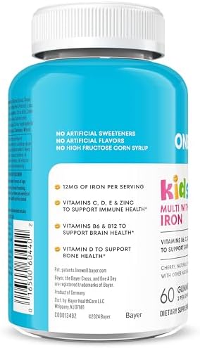 One A Day Kids Multivitamin with Iron Gummy Vitamin D Vitamin C E Zinc for Immune Support Gummy Vitamins Kids Multivitamin Gummies with Iron Cherry Flavor 60 Count (Packaging May Vary)