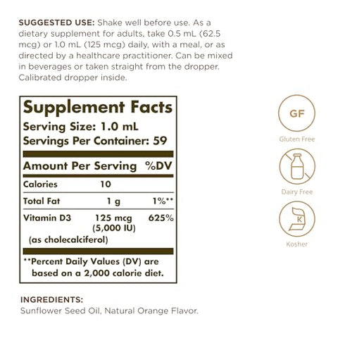 Solgar Liquid Vitamin D3 125 Mcg (5000 Iu) - 2 Fl Oz Pack Of 2 - Natural Orange Flavor - Helps Maintain Healthy Bones & Teeth - Immune System Support - Gluten & Dairy Free 118 Total Servings