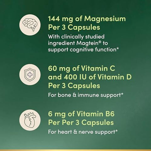 Nature's Bounty Magnesium LThreonate Advanced Magnesium Supplement with Vitamin C Vitamin D3 and Vitamin B6 Supports Brain Health Energy Nerve and Immune Support Supplement 90 Capsules