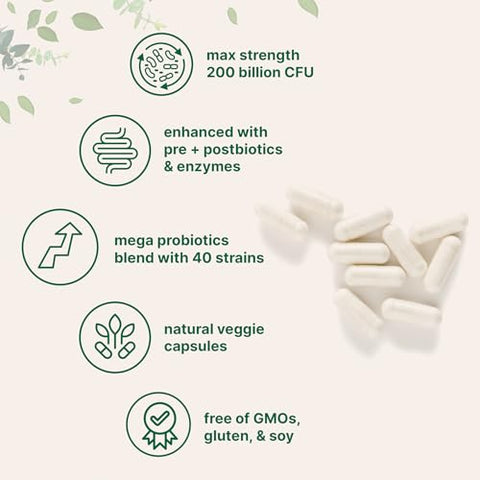 Micro Ingredients Probiotics 200 Billion Cfu 120 Veggie Capsules Mega Probiotics For Men & Women 40 Strains With Prebiotics Postbiotics & Digestive Enzymes Gut Immune & Digestive Health