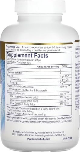 Paradise Herbs Omegasure Omega3 Concentrate Premium Fish Oil Dha Epa Vegan Non Gmo Gluten 60 Count Vegetarian Softgels