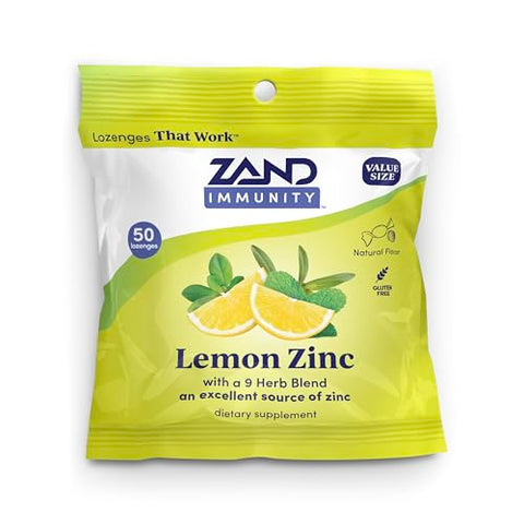 ZAND IMMUNITY Lemon Zinc Throat Lozenges GoodforYou Dry Mouth Lozenges Immune Support Supplement with Chelated Zinc 5mg Blend of 9 Herbs Soothe a Dry Throat Natural Flavor Gluten 50ct