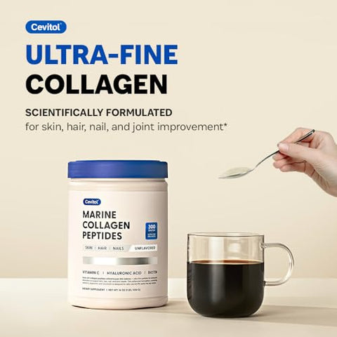 Cevitol Marine Collagen Peptides - Hydrolyzed Ultra-Fine Collagen Powder For Women & Men Hyaluronic Acid Biotin Vitamin C For Skin Hair Nails Joints Non-Gmo Unflavored Easily Dissolved 16Oz