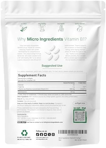 Micro Ingredients Vitamin B1 Thiamine 500Mg With Benfotiamine and Mct Oil 240 Softgels Highly Bioavailable Thiamine Supplement For Energy and Nervous System Support NonGmo Soy