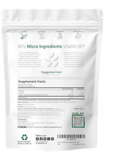Micro Ingredients Vitamin B1 Thiamine 500Mg With Benfotiamine & Mct Oil 240 Softgels Highly Bioavailable Thiamine Supplement For Energy & Nervous System Support Non-Gmo Soy Free