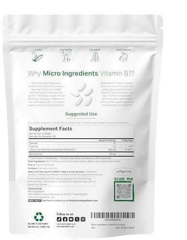Micro Ingredients Vitamin B1 Thiamine 500Mg With Benfotiamine & Mct Oil 240 Softgels Highly Bioavailable Thiamine Supplement For Energy & Nervous System Support Non-Gmo Soy Free