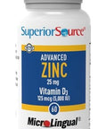 Superior Source Advanced Zinc, With Zinc (25 Mg) And D3 (5,000 Iu), Quick Dissolve Microlingual Tablets, 60 Ct, Promotes A Healthy Immune System, Non-Gmo