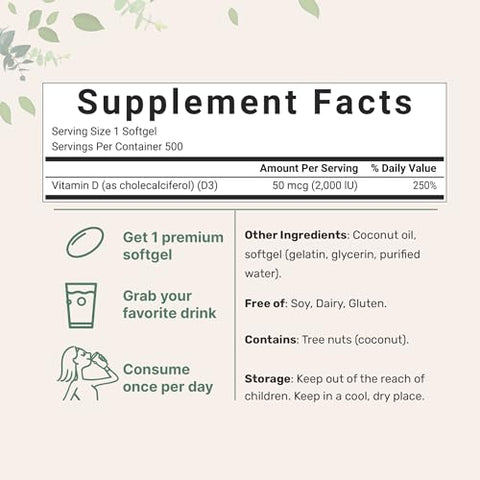 Micro Ingredients Vitamin D3 2000 Iu 500 Softgels Virgin Coconut Oil Cholecalciferol Form Bone Immune & Heart Support Easy To Swallow Non-Gmo