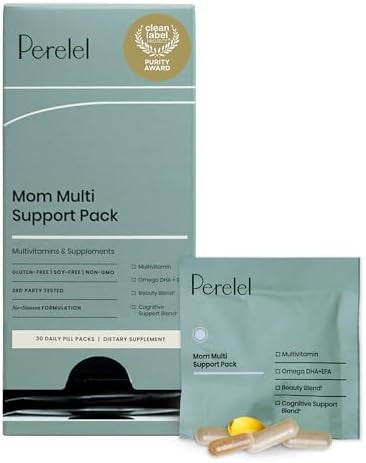Perelel Mom Multi Support Pack, Postnatal Vitamins For Women With Omega 3 Dha, Iron, Collagen, & Vitamin B12 To Support Postpartum Health, Soy & Gluten , Non Gmo, 30 Daily Pill Packs