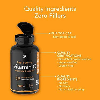 Vitamin C 1000mg 240 VeggieCapsules NonGMO Project Verified Vitamin C Supplement for Immune Support Antioxidant Protection