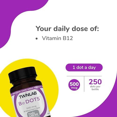 Twinlab B-12 Dots - Energy Production Support Supplements With Vitamin B12-500 Mcg 250 Tablets (2 Pack)