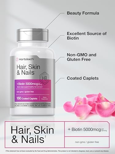 Horbaach Hair Skin and Nails Vitamins 150 Caplets with Biotin and Collagen Supplement for Women and Men NonGMO Gluten Free