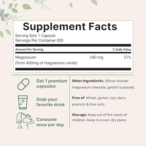 Micro Ingredients Magnesium Oxide 400Mg 500 Capsules Elemental Form For Max Concentration Supports Calm Muscle & Nerve Health Non-Gmo