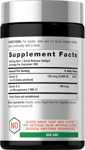 Horbaach Vitamin D3 K2 5000 iu 100mcg MK7 Complex 180 Softgel Capsules NonGMO and Gluten Free Supplement