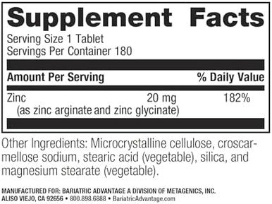 Bariatric Advantage Non Chewable Zinc Chelate, Highly Absorbable 20 Mg Zinc Arginine And Zinc Glycine Tablets For Bariatric Surgery Patients - 180 Tablets