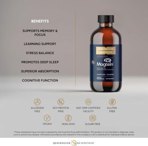 Quicksilver Scientific Liposomal Magtein Magnesium Supplement for Brain Function Support Stress Sleep and Memory Support GlutenFree SugarFree and Vegan 15.2 fl oz (30 Servings)