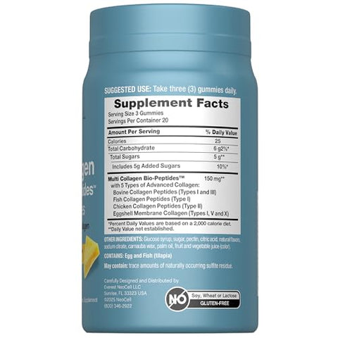 Neocell Multi Collagen Bio-Peptides Gummies 60 Ct Tropical Flavor Type I Ii Iii V X Advanced Bioactive Formula