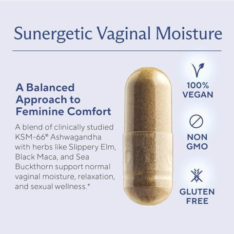 Sunergetic Premium Vaginal Moisture Support Capsules Vaginal Moisture & Mood Sexual Function & Relaxation Vaginal Dryness Feminine Wellness & Intimacy Ksm 66 Ashwagandha Slippery Elm & Maca 60 Capsules