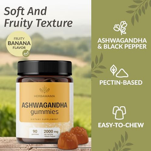 Herbamama Ashwagandha Gummies - 2000Mg Pure Ashwagandha Root With Black Pepper For Calm & Mood Support - Vegan Non-Gmo Calming Supplements For Adults - 90 Pectin-Based Banana-Flavored Chews